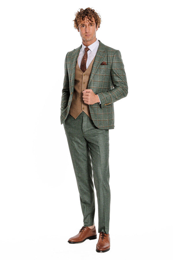 WSS Slim Fit Checked Patterned Green Men Suit  - Perth Amboy