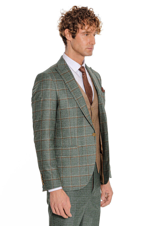 WSS Slim Fit Checked Patterned Green Men Suit  - Perth Amboy