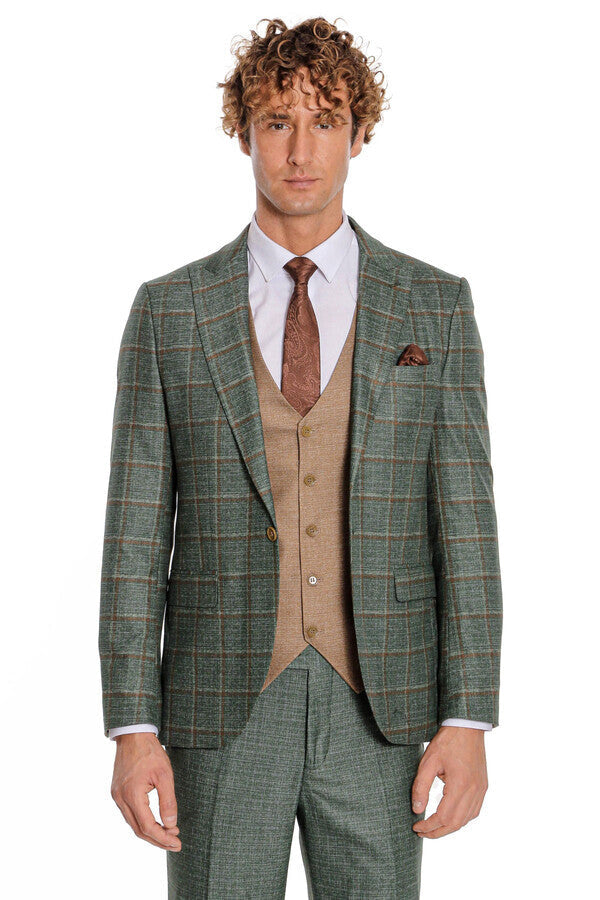WSS Slim Fit Checked Patterned Green Men Suit  - Perth Amboy