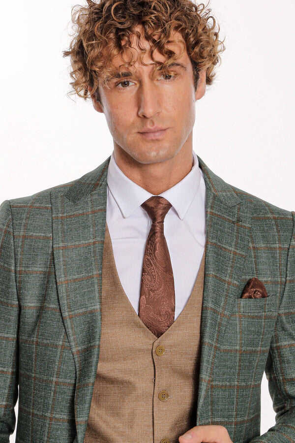 WSS Slim Fit Checked Patterned Green Men Suit  - Perth Amboy