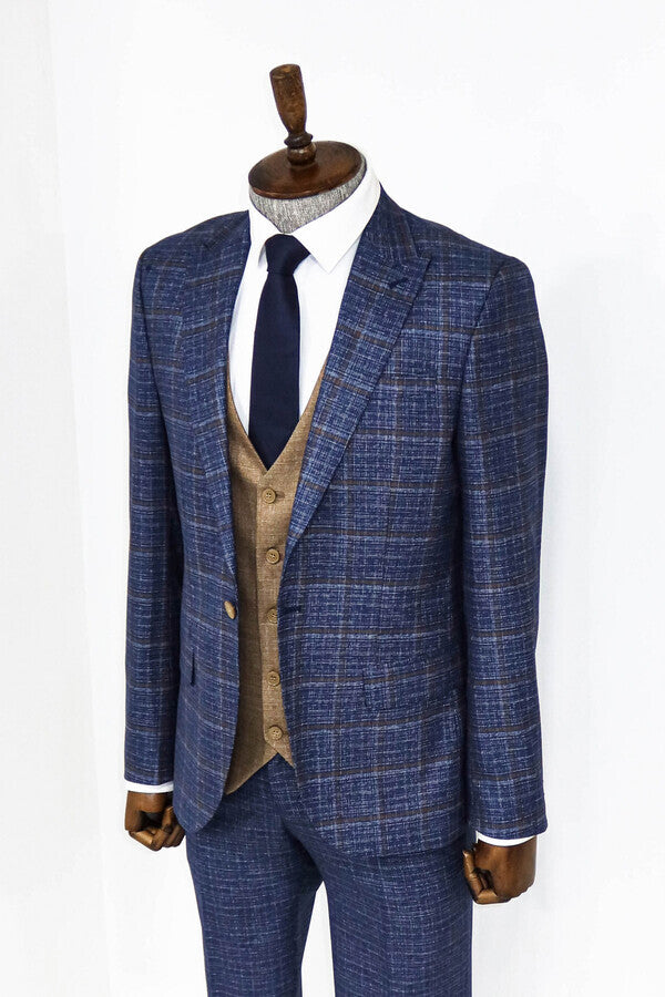 WSS Slim Fit Checked Patterned Navy Blue Men Suit  - Chapel Hill