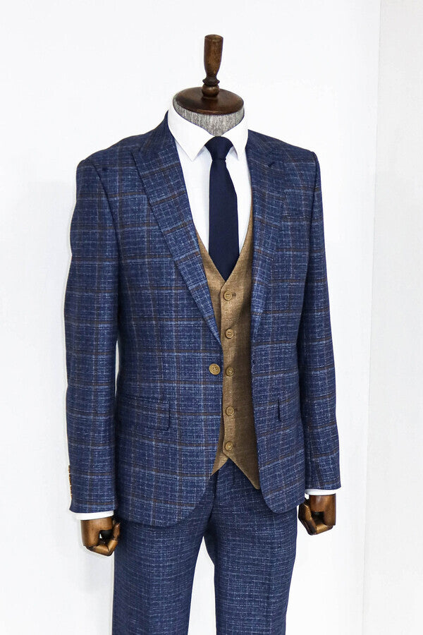 WSS Slim Fit Checked Patterned Navy Blue Men Suit  - Chapel Hill