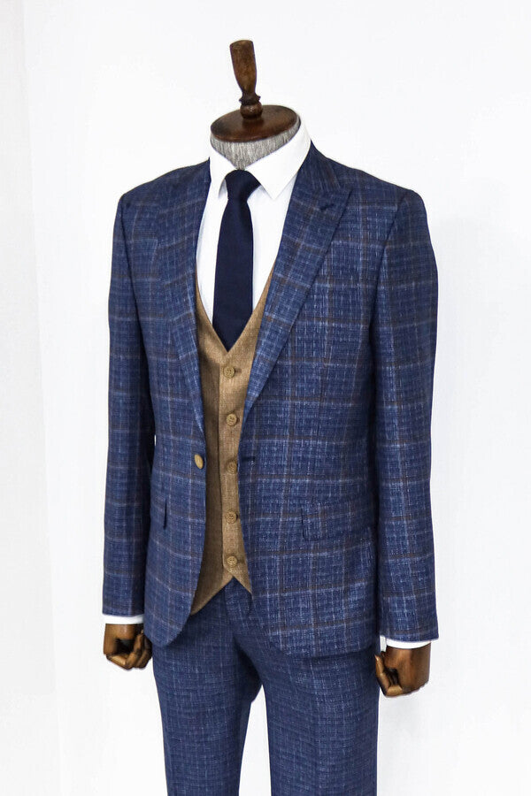 WSS Slim Fit Checked Patterned Navy Blue Men Suit  - Chapel Hill