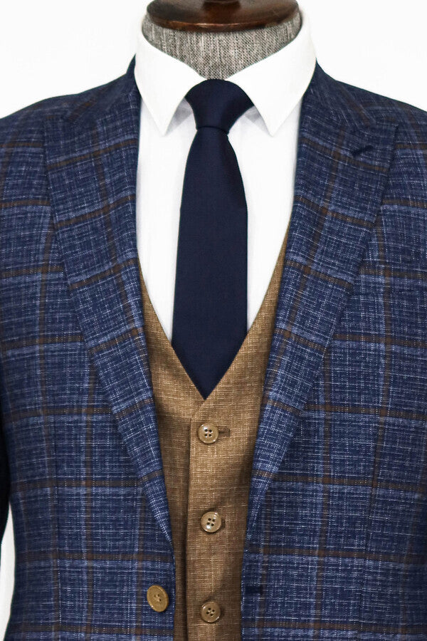 WSS Slim Fit Checked Patterned Navy Blue Men Suit  - Chapel Hill