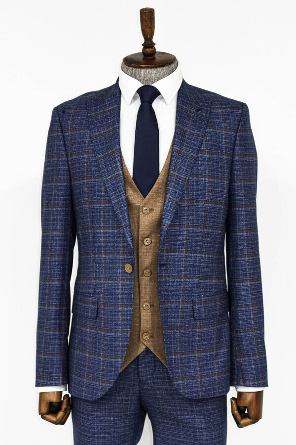 WSS Slim Fit Checked Patterned Navy Blue Men Suit  - Chapel Hill