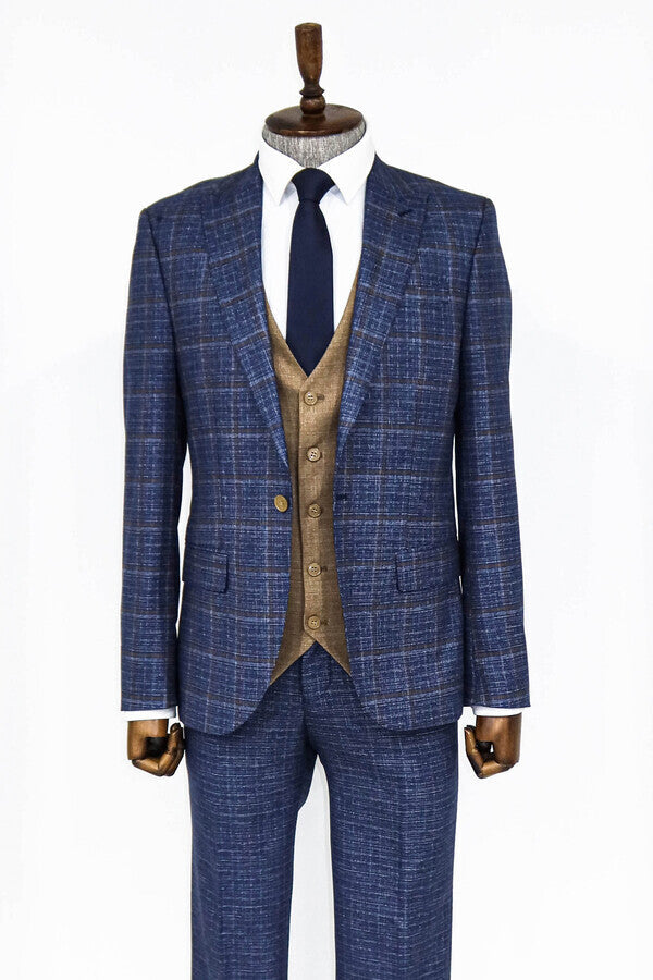 WSS Slim Fit Checked Patterned Navy Blue Men Suit  - Chapel Hill