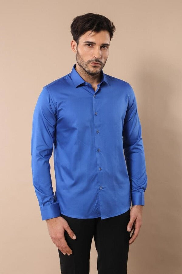WSS Cotton Satin Slim Fit Blue Men Shirt  - Villa de Álvarez