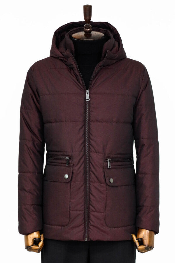 WSS Slim Fit Hooded Burgundy Men Coat  - Koblenz