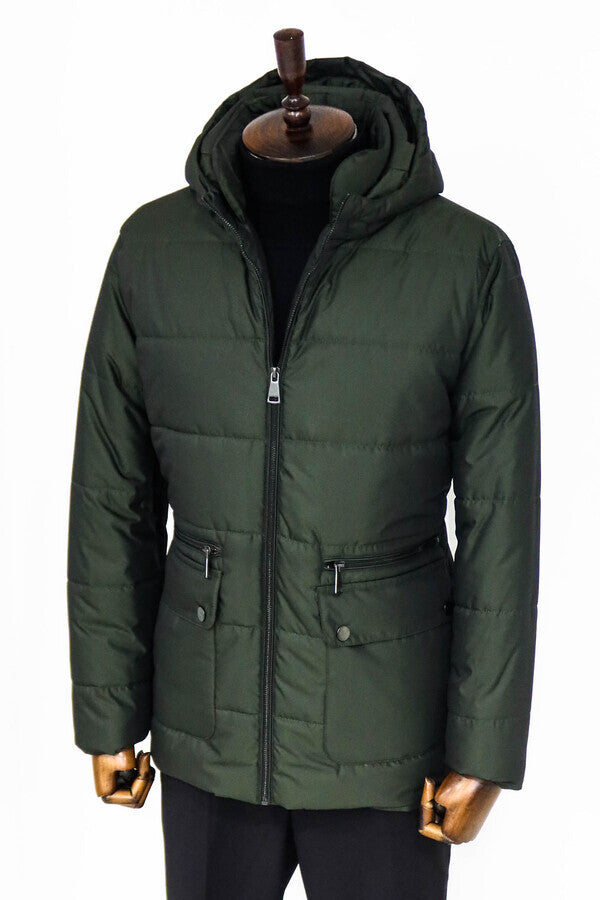 WSS Slim Fit Hooded Green Men Coat  - Romny