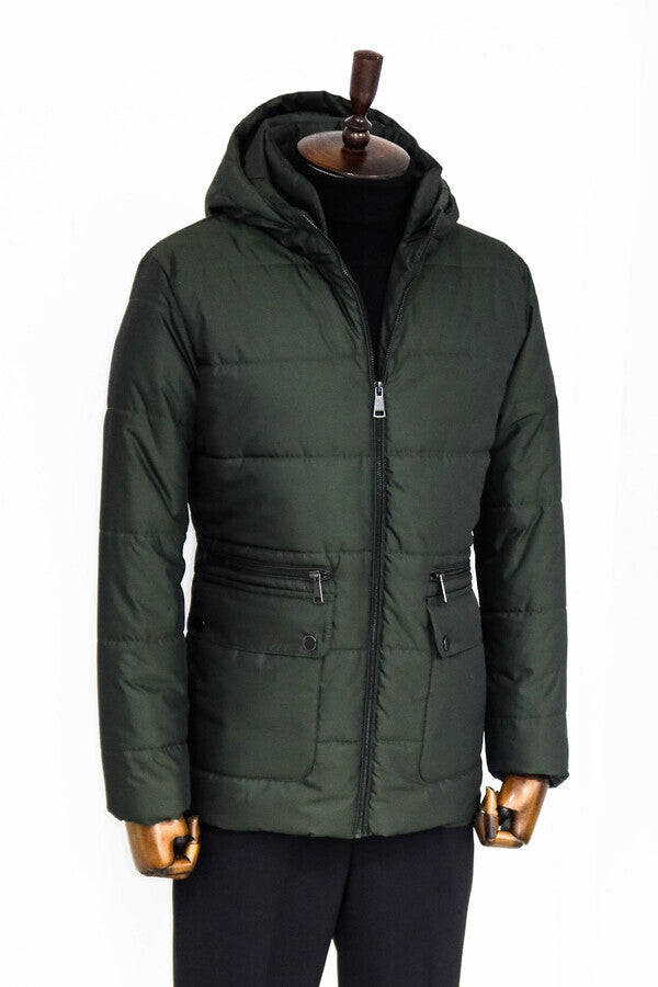WSS Slim Fit Hooded Green Men Coat  - Romny