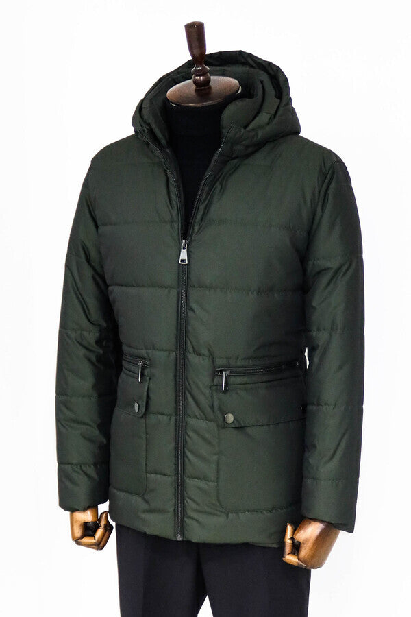 WSS Slim Fit Hooded Green Men Coat  - Romny