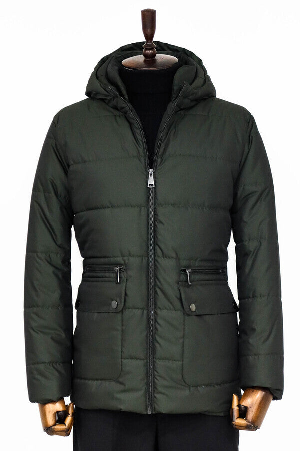 WSS Slim Fit Hooded Green Men Coat  - Romny
