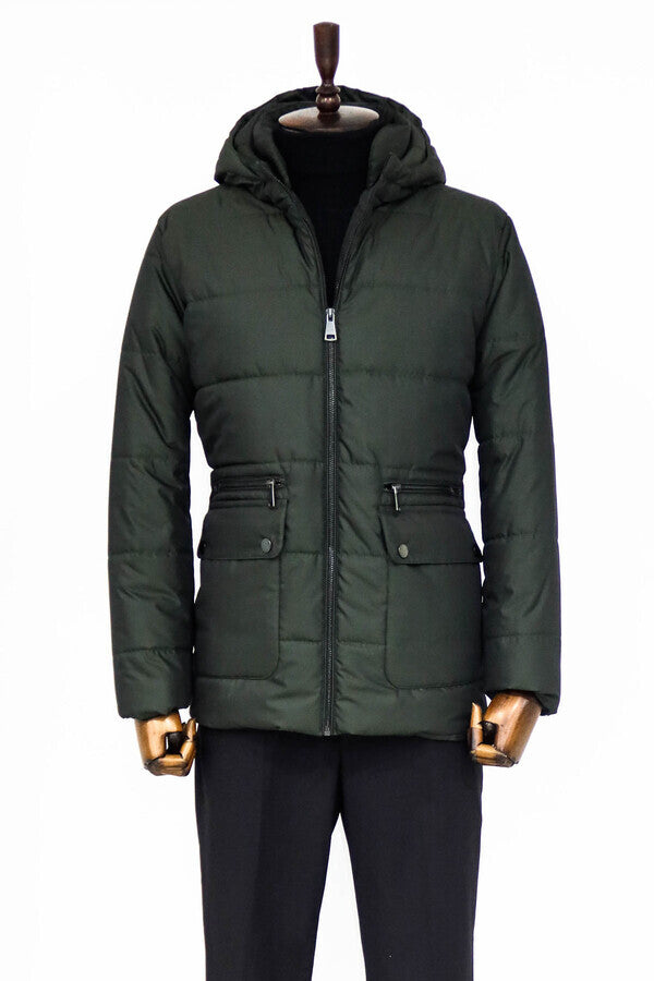 WSS Slim Fit Hooded Green Men Coat  - Romny