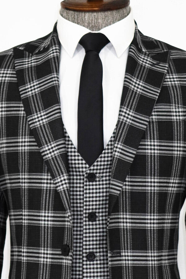 WSS Slim Fit Patterned Checked Black Men Suit  - Oak Lawn