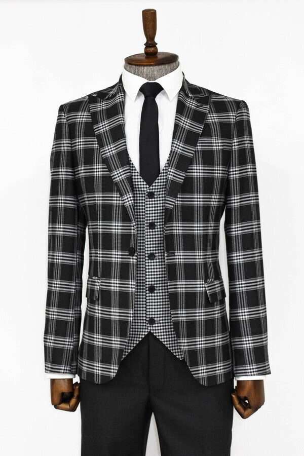 WSS Slim Fit Patterned Checked Black Men Suit  - Oak Lawn