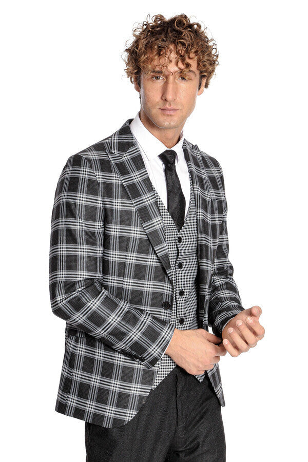 WSS Slim Fit Patterned Checked Black Men Suit  - Oak Lawn