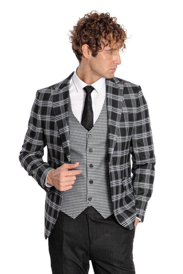 WSS Slim Fit Patterned Checked Black Men Suit  - Oak Lawn