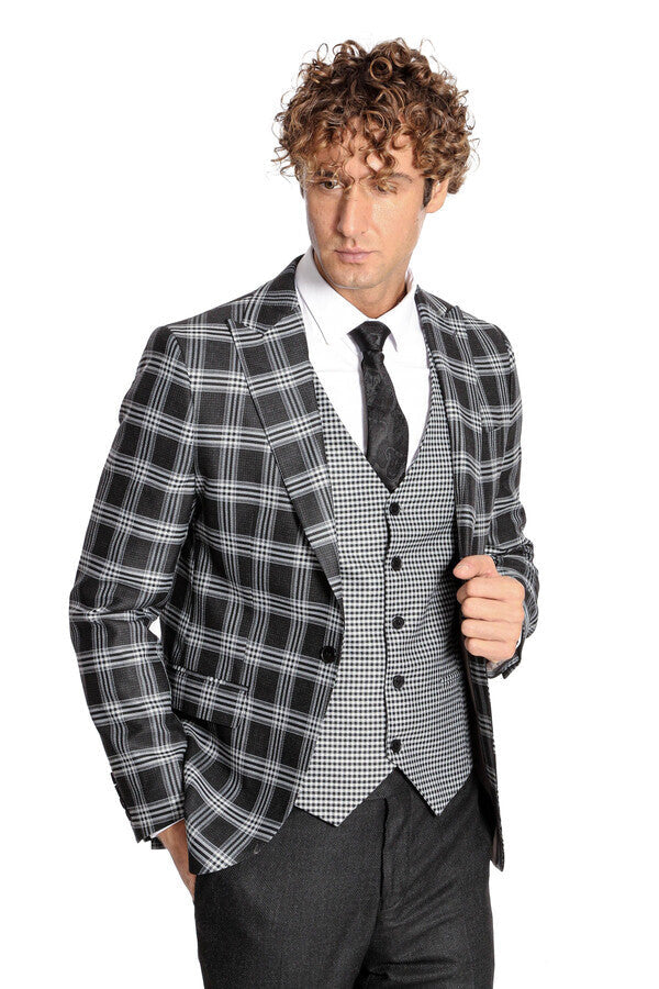 WSS Slim Fit Patterned Checked Black Men Suit  - Oak Lawn