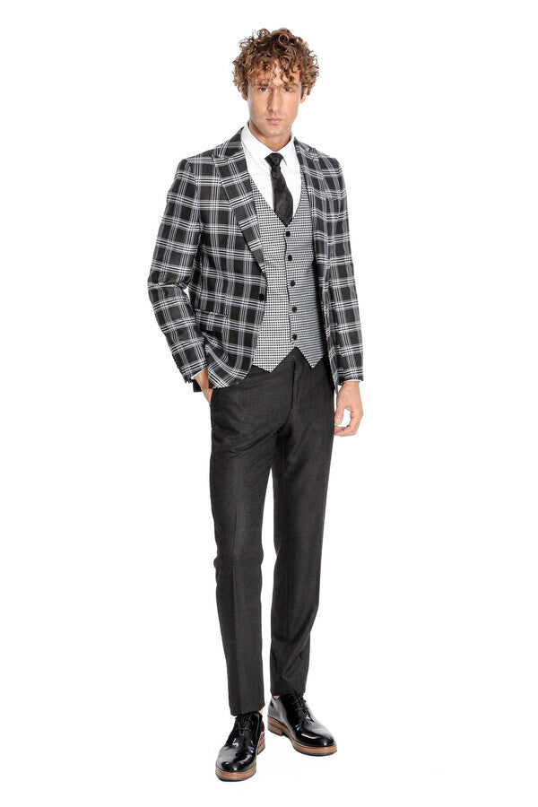 WSS Slim Fit Patterned Checked Black Men Suit  - Oak Lawn