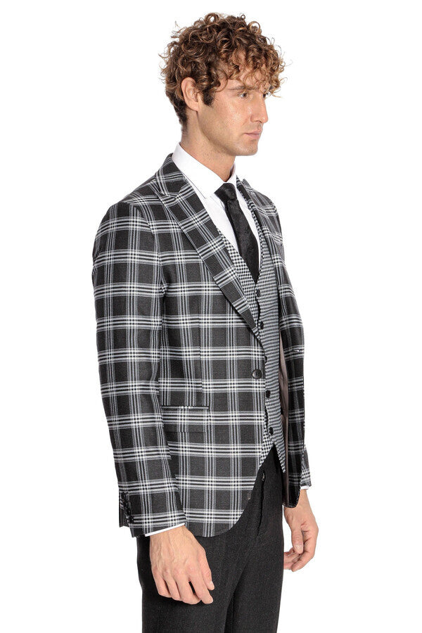WSS Slim Fit Patterned Checked Black Men Suit  - Oak Lawn