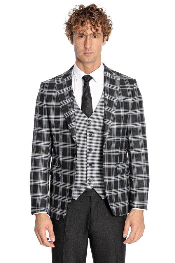 WSS Slim Fit Patterned Checked Black Men Suit  - Oak Lawn