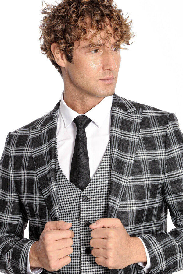 WSS Slim Fit Patterned Checked Black Men Suit  - Oak Lawn