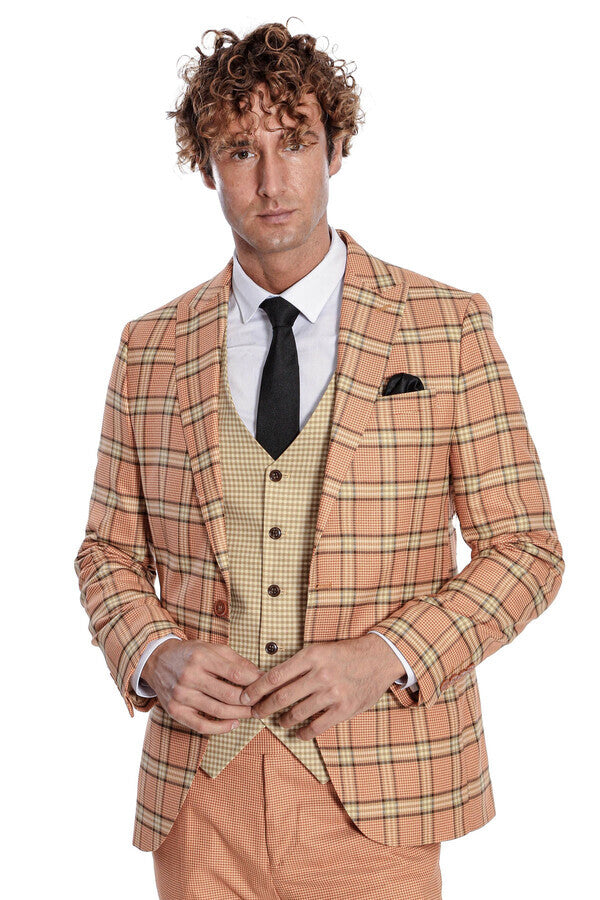 WSS Slim Fit Patterned Checked Orange Men Suit  - Laatzen