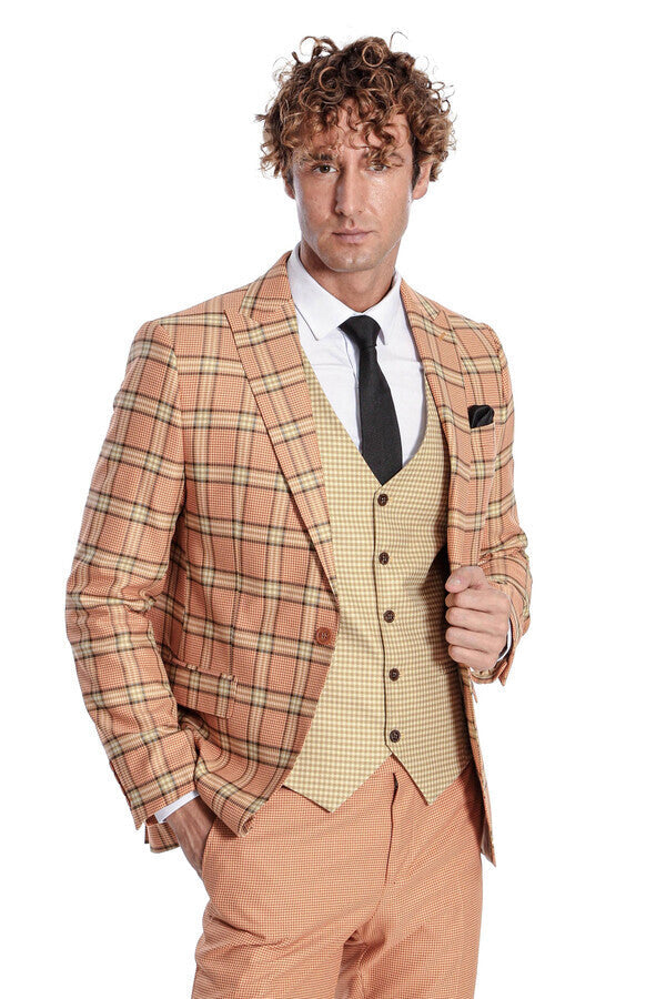 WSS Slim Fit Patterned Checked Orange Men Suit  - Laatzen