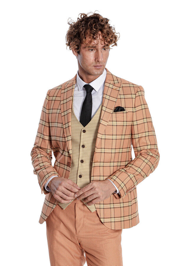 WSS Slim Fit Patterned Checked Orange Men Suit  - Laatzen