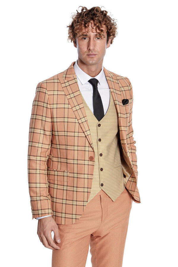 WSS Slim Fit Patterned Checked Orange Men Suit  - Laatzen