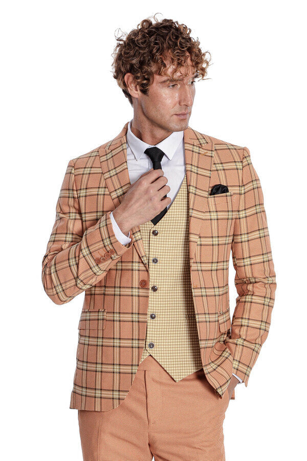 WSS Slim Fit Patterned Checked Orange Men Suit  - Laatzen