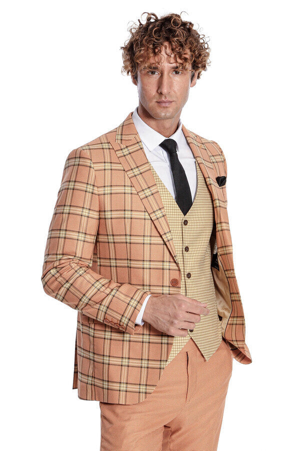 WSS Slim Fit Patterned Checked Orange Men Suit  - Laatzen