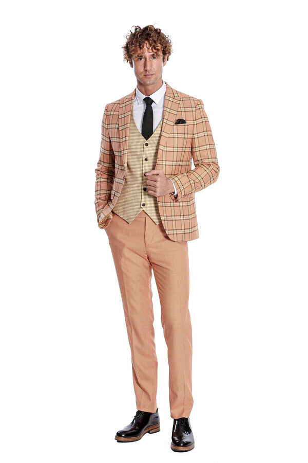 WSS Slim Fit Patterned Checked Orange Men Suit  - Laatzen