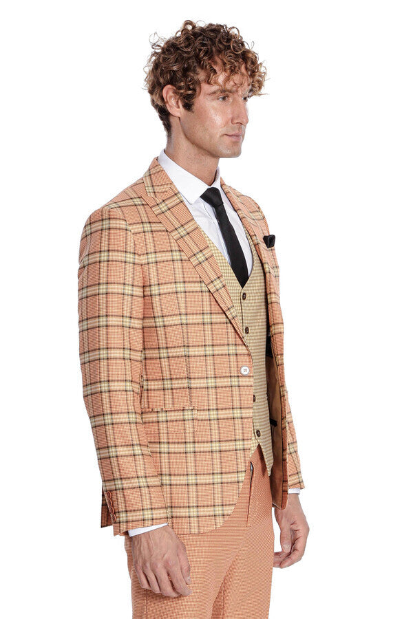 WSS Slim Fit Patterned Checked Orange Men Suit  - Laatzen