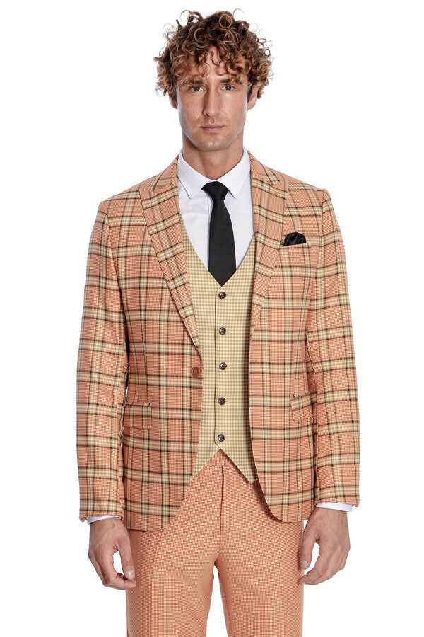 WSS Slim Fit Patterned Checked Orange Men Suit  - Laatzen