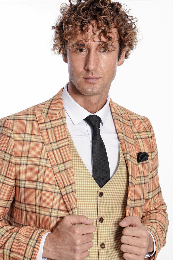 WSS Slim Fit Patterned Checked Orange Men Suit  - Laatzen