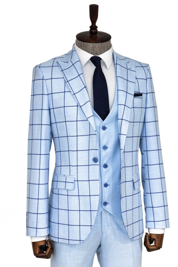 WSS Slim Fit Patterned Light Blue Men Combination Suit  - Ixtlahuaca