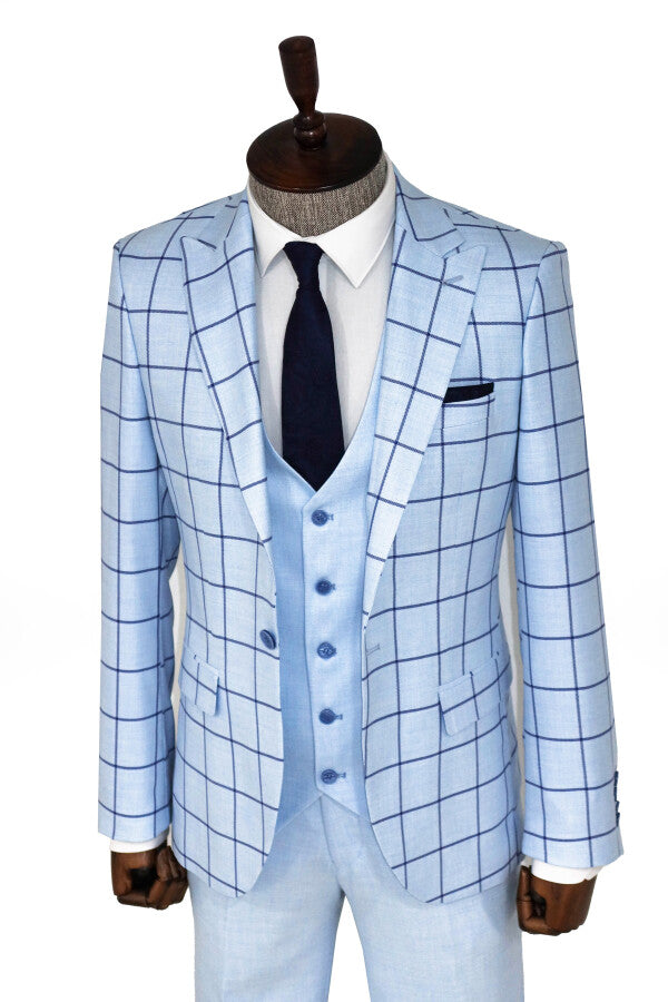 WSS Slim Fit Patterned Light Blue Men Combination Suit  - Ixtlahuaca