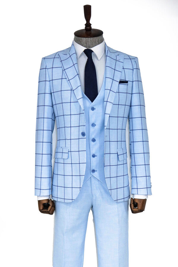 WSS Slim Fit Patterned Light Blue Men Combination Suit  - Ixtlahuaca