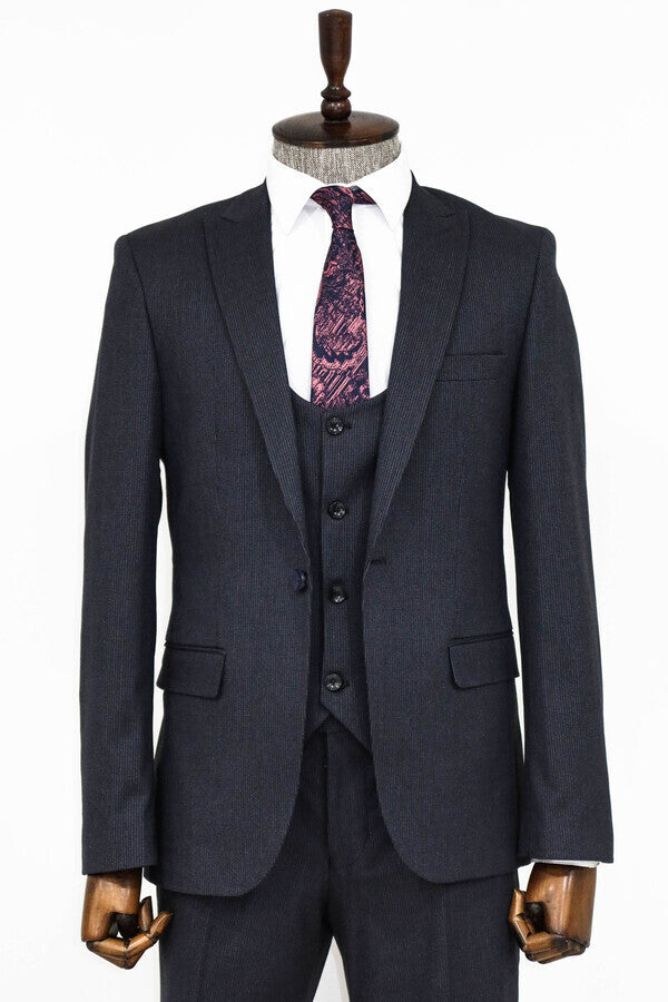 WSS Slim Fit Patterned Navy Blue Men Suit  - Cape Coral