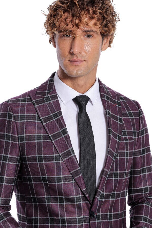 WSS Slim Fit Peak Lapel Purple Men Blazer  - Union City