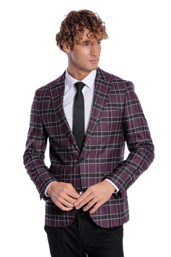 WSS Slim Fit Peak Lapel Purple Men Blazer  - Union City