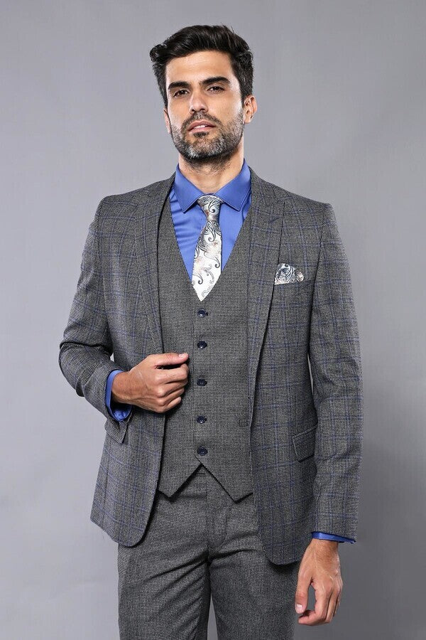 WSS Plaid Slim-Fit Black 3 Piece Suit  - Échirolles