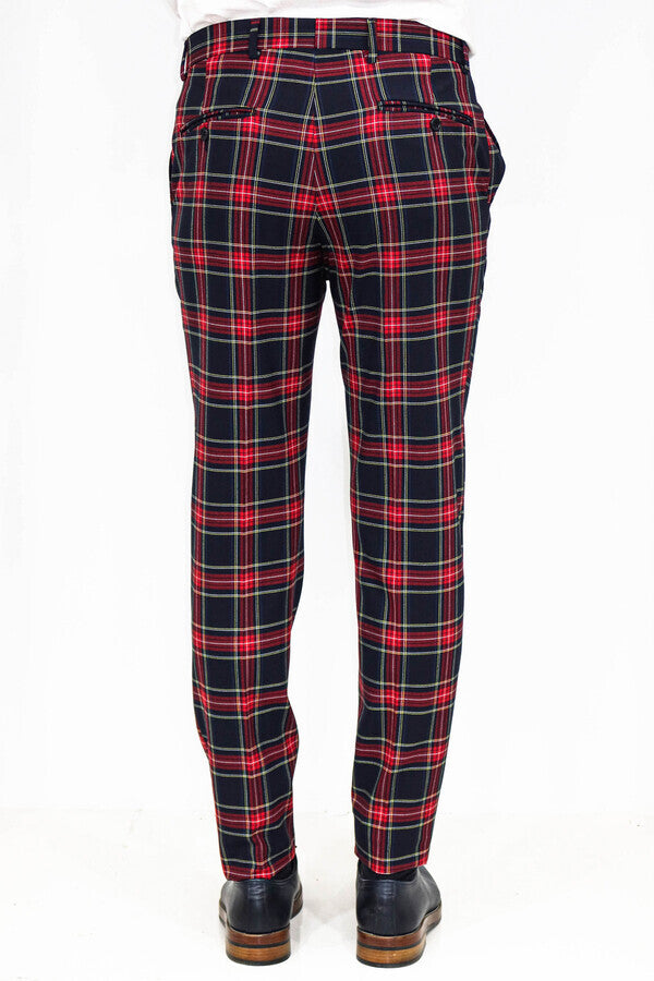 WSS Slim Fit Plaid Men Navy Blue Pants  - Spokane