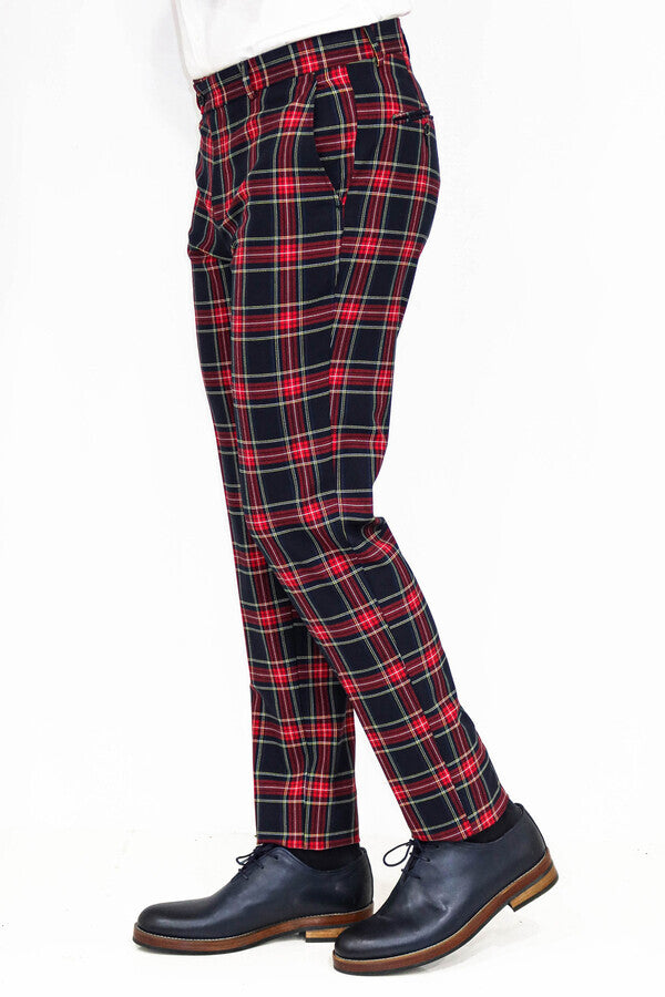 WSS Slim Fit Plaid Men Navy Blue Pants  - Spokane