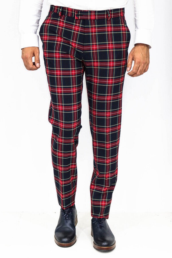 WSS Slim Fit Plaid Men Navy Blue Pants  - Spokane