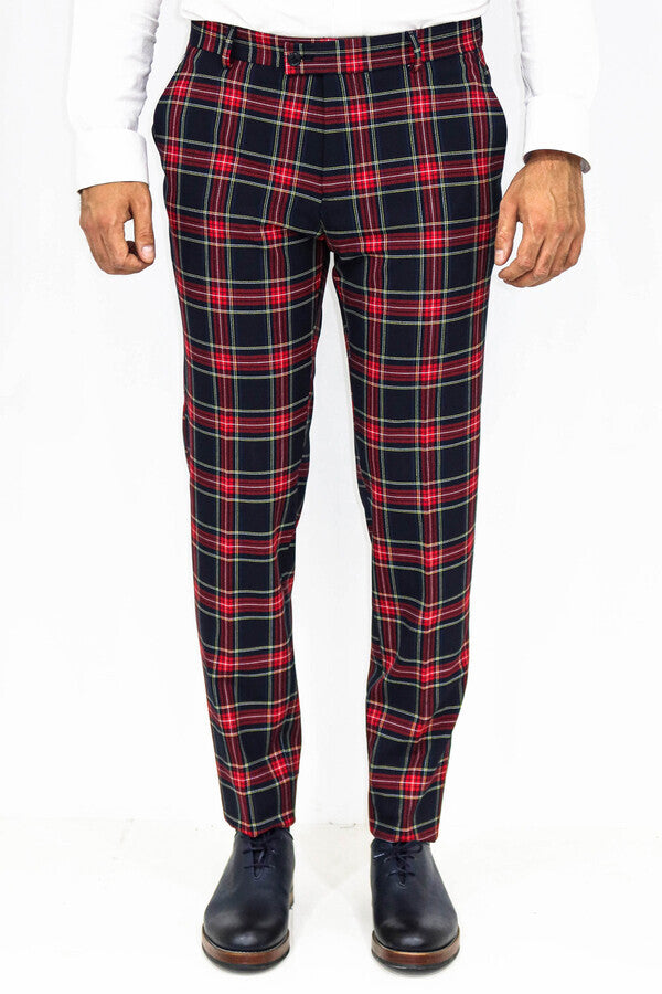WSS Slim Fit Plaid Men Navy Blue Pants  - Spokane