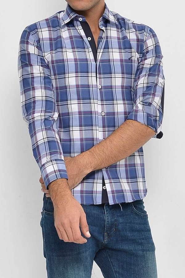 WSS Slim Fit Plaid Patterned Navy Blue Shirt  - Monaco