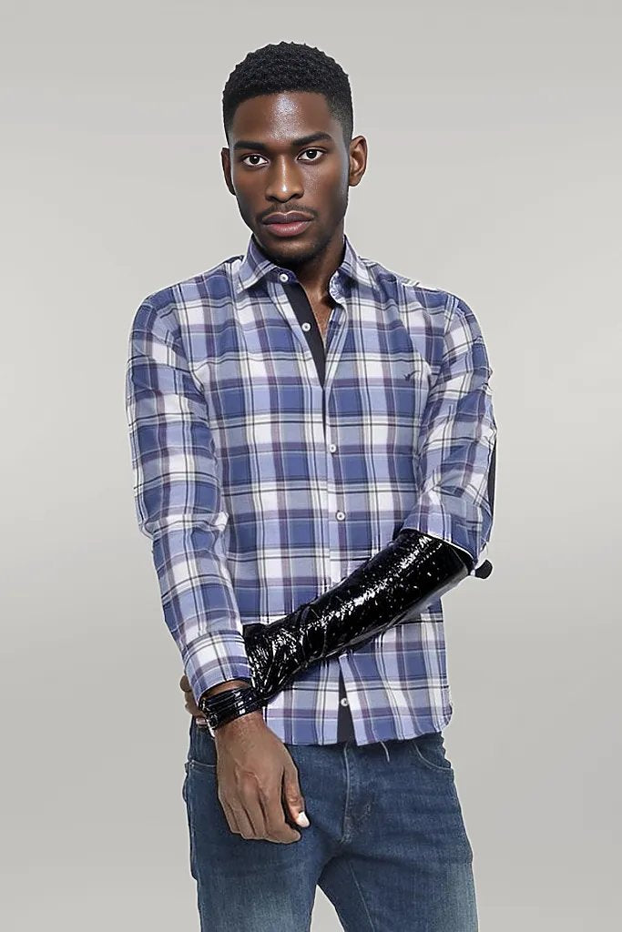 WSS Slim Fit Plaid Patterned Navy Blue Shirt  - Singen