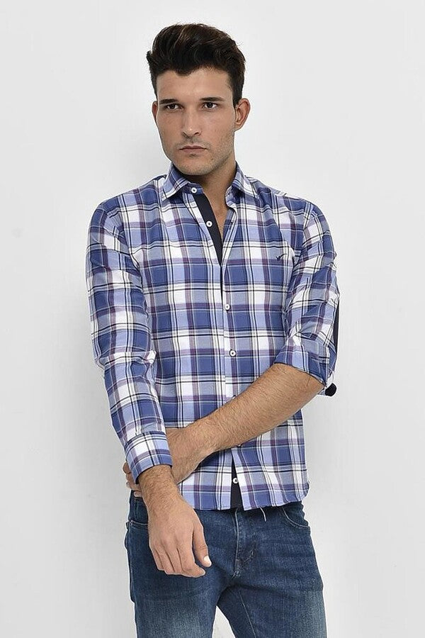 WSS Slim Fit Plaid Patterned Navy Blue Shirt  - Monaco